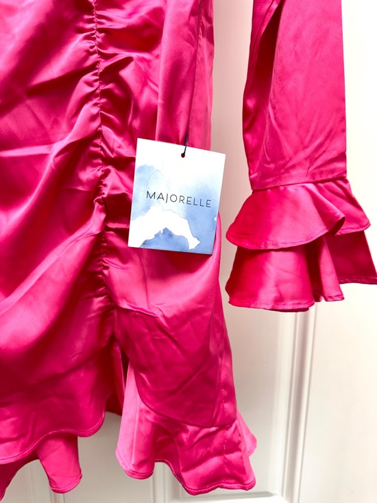 MAJORELLE Pink Satin Ruffle Wrap Nelly Mini Dress in Paradise Pink New with Tags - Picture 5 of 13